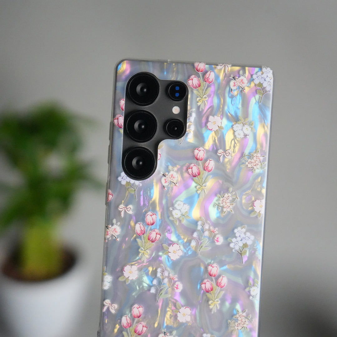 Galaxy S25 Ultra Iridescent Floral Case | Holographic Transparent Back Cover with 3D Flower Design