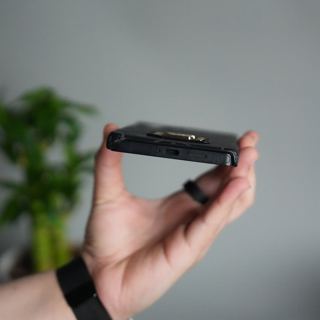 Galaxy S25 Ultra Luxury Pattern Leather Case | Premium Hard Back Cover with Gold Metal Logo Plate