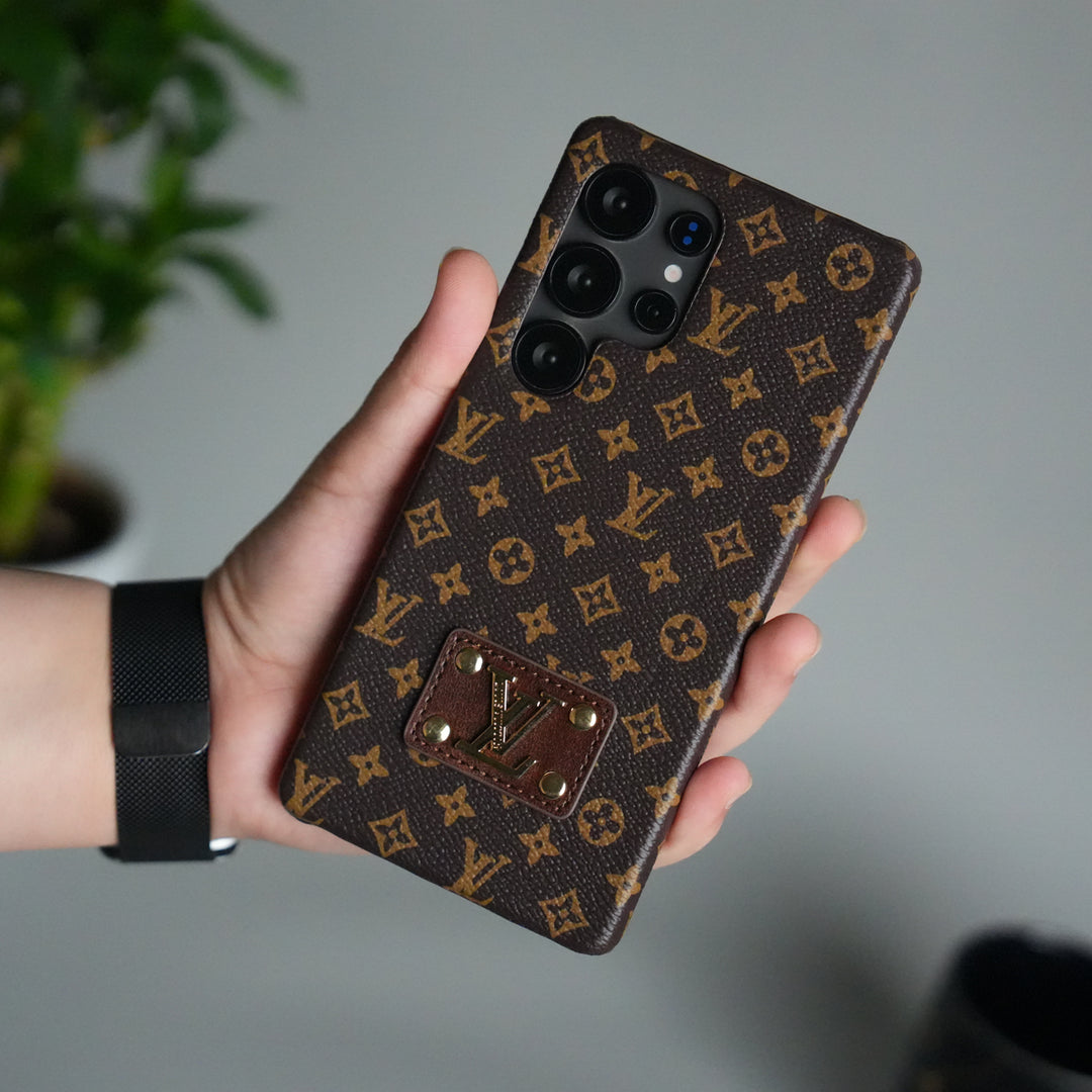 Galaxy S25 Ultra Luxury Pattern Leather Case | Premium Hard Back Cover with Gold Metal Logo Plate