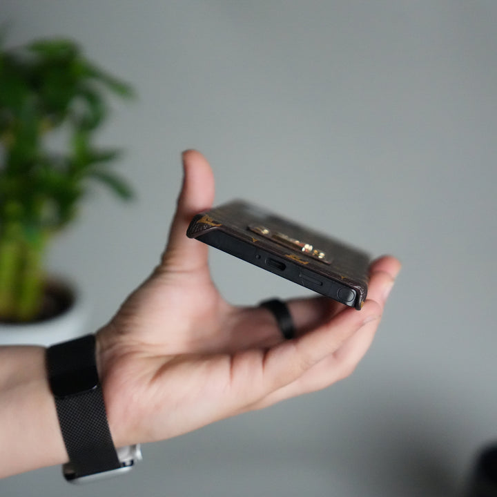 Galaxy S25 Ultra Luxury Pattern Leather Case | Premium Hard Back Cover with Gold Metal Logo Plate