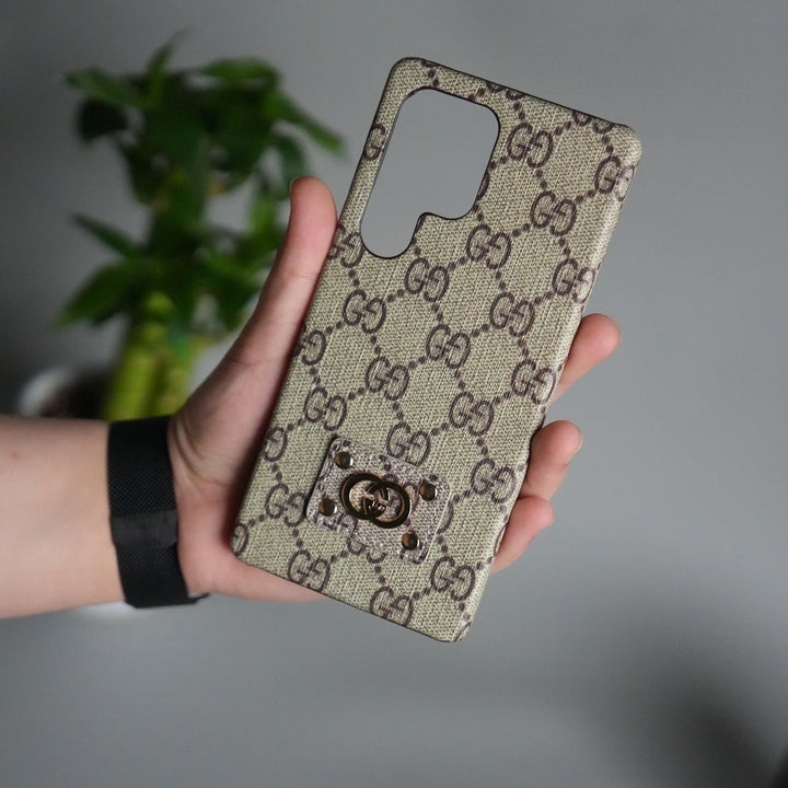 Galaxy S25 Ultra Luxury GG Pattern Leather Case | Premium Hard Back Cover with Gold Metal Logo Plate