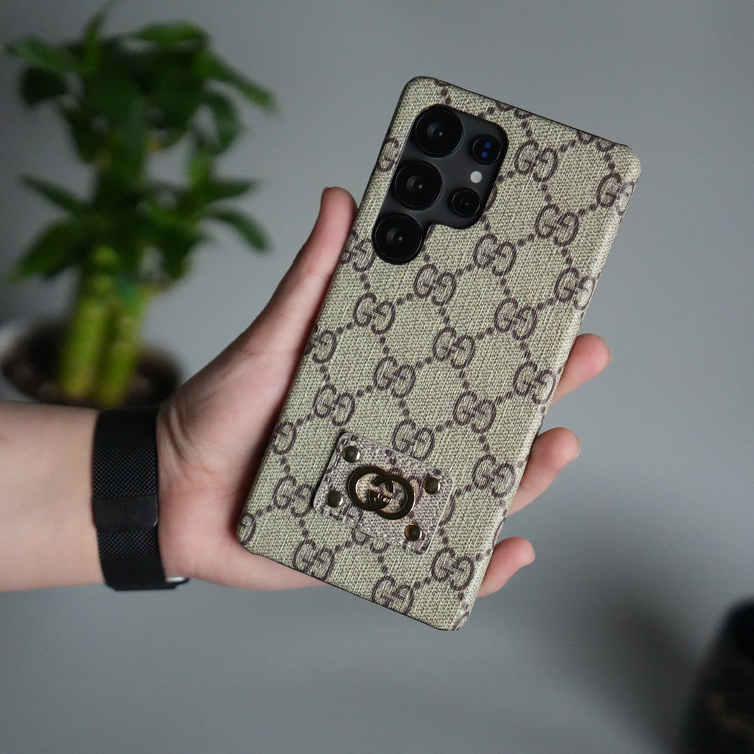 Galaxy S25 Ultra Luxury GG Pattern Leather Case | Premium Hard Back Cover with Gold Metal Logo Plate