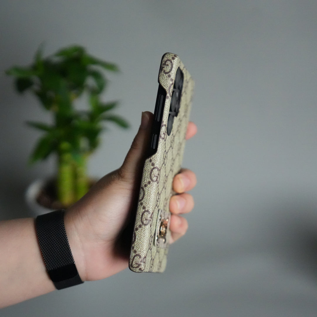 Galaxy S25 Ultra Luxury GG Pattern Leather Case | Premium Hard Back Cover with Gold Metal Logo Plate