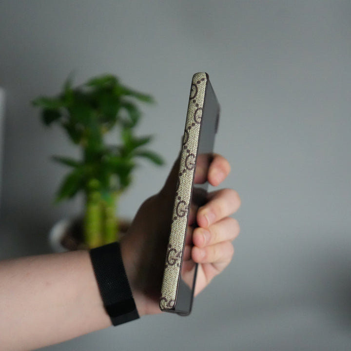 Galaxy S25 Ultra Luxury GG Pattern Leather Case | Premium Hard Back Cover with Gold Metal Logo Plate