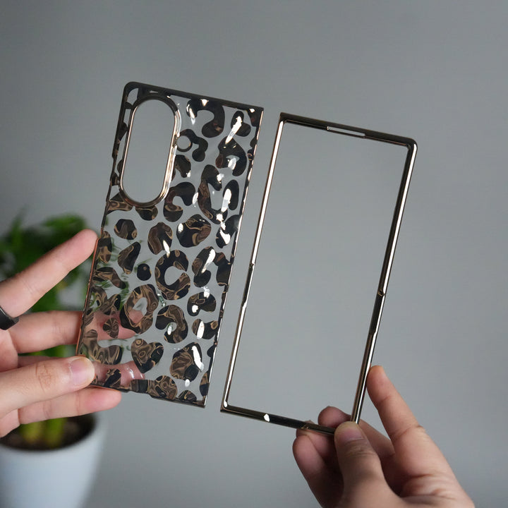 Galaxy Z Fold 7 Chrome Leopard Case | Luxury Transparent Back with Gold Frame