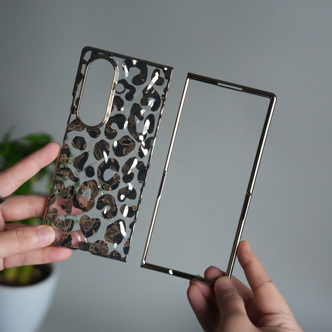 Galaxy Z Fold 7 Chrome Leopard Case | Luxury Transparent Back with Gold Frame