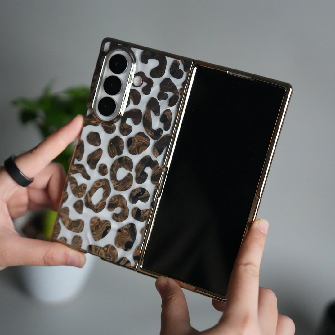 Galaxy Z Fold 7 Chrome Leopard Case | Luxury Transparent Back with Gold Frame