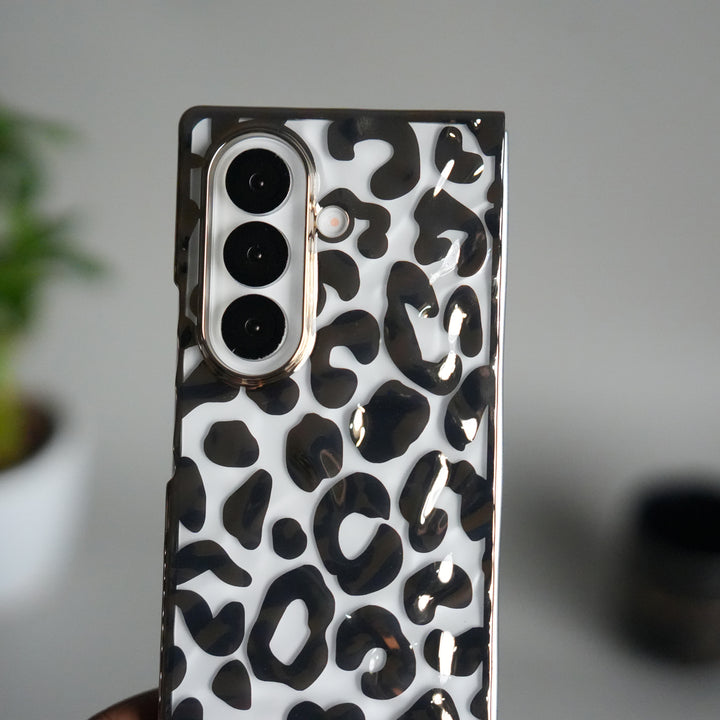 Galaxy Z Fold 7 Chrome Leopard Case | Luxury Transparent Back with Gold Frame