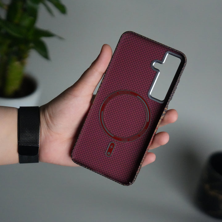 Galaxy S24 Carbon Fiber Texture Aramid Design Hard Pc MagSafe Case Cover | OrangeRed