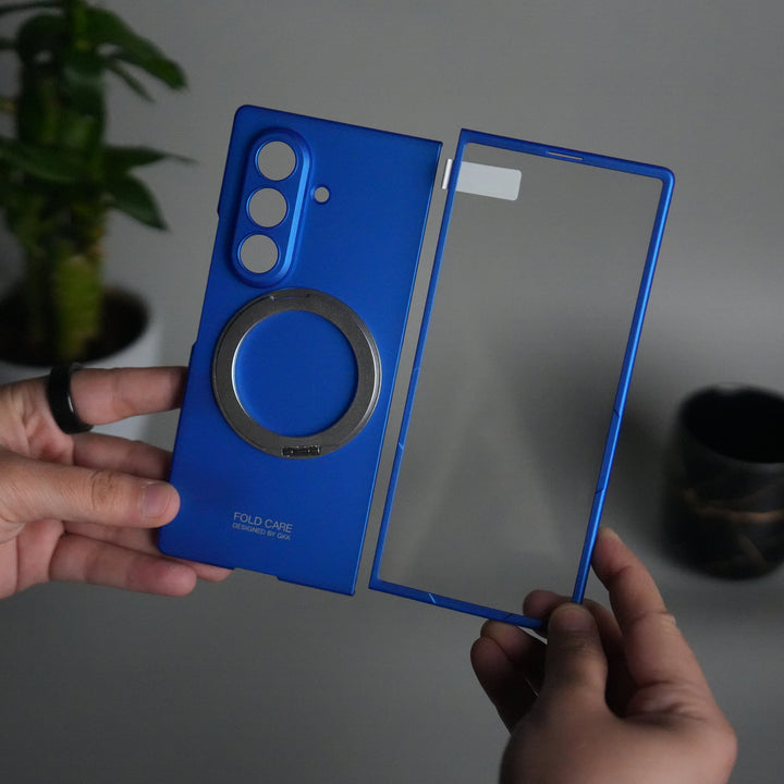 Galaxy Z Fold 7 Metal Ring Kickstand Case with Front Glass | Matte Hard Back Cover | BLUE