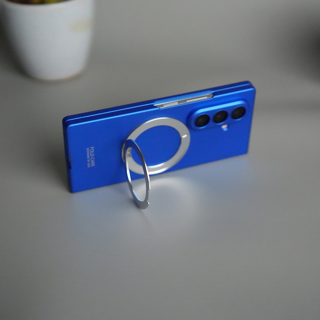 Galaxy Z Fold 7 Metal Ring Kickstand Case with Front Glass | Matte Hard Back Cover | BLUE