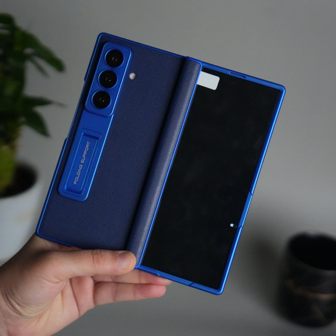 Galaxy Z Fold 7 PU Leather Kickstand Case with Front Glass | Hinge Protection | Slim Matte Hard Back Cover | BLUE