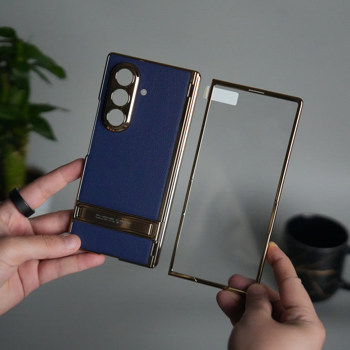 Galaxy Z Fold 7 PU Leather Case with Chrome-Plated Hinge & Kickstand Front Glass Cover | BLUE