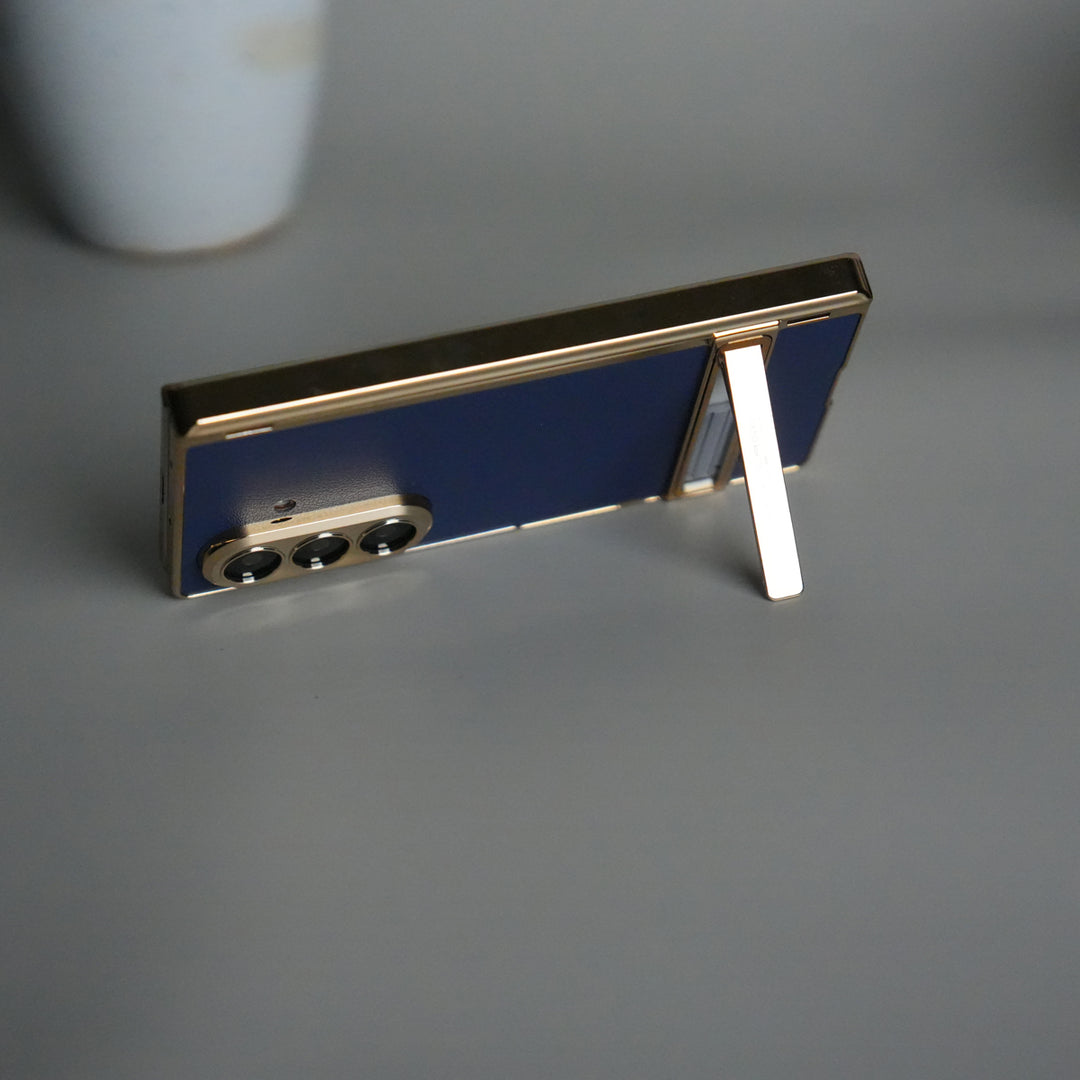 Galaxy Z Fold 7 PU Leather Case with Chrome-Plated Hinge & Kickstand Front Glass Cover | BLUE