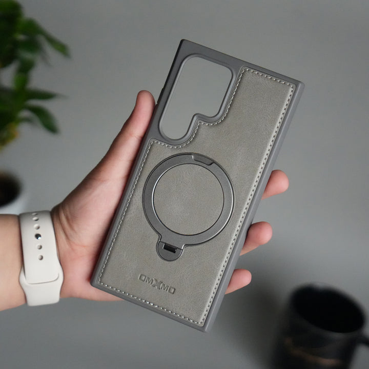 Galaxy S25 Ultra Leather Case | Luxury Metal Ring Stand Back Cover | Shockproof Protective Case