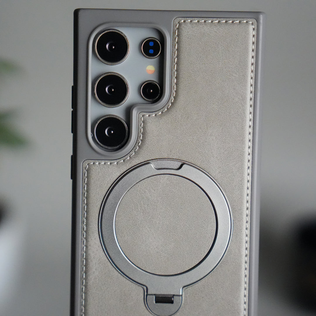 Galaxy S25 Ultra Leather Case | Luxury Metal Ring Stand Back Cover | Shockproof Protective Case