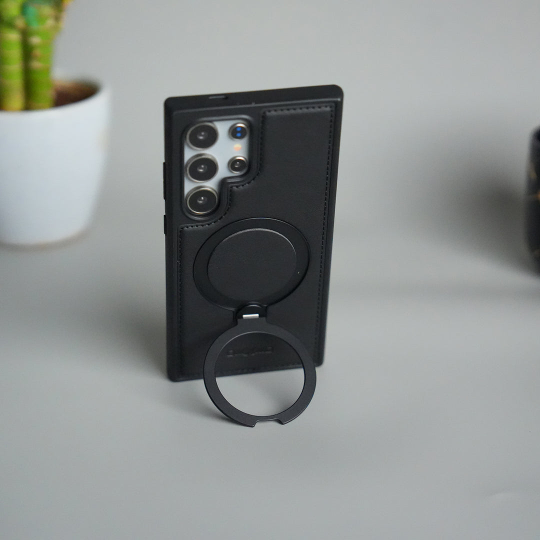 Galaxy S25 Ultra Leather Case | Luxury Metal Ring Stand Back Cover | Shockproof Protective Case