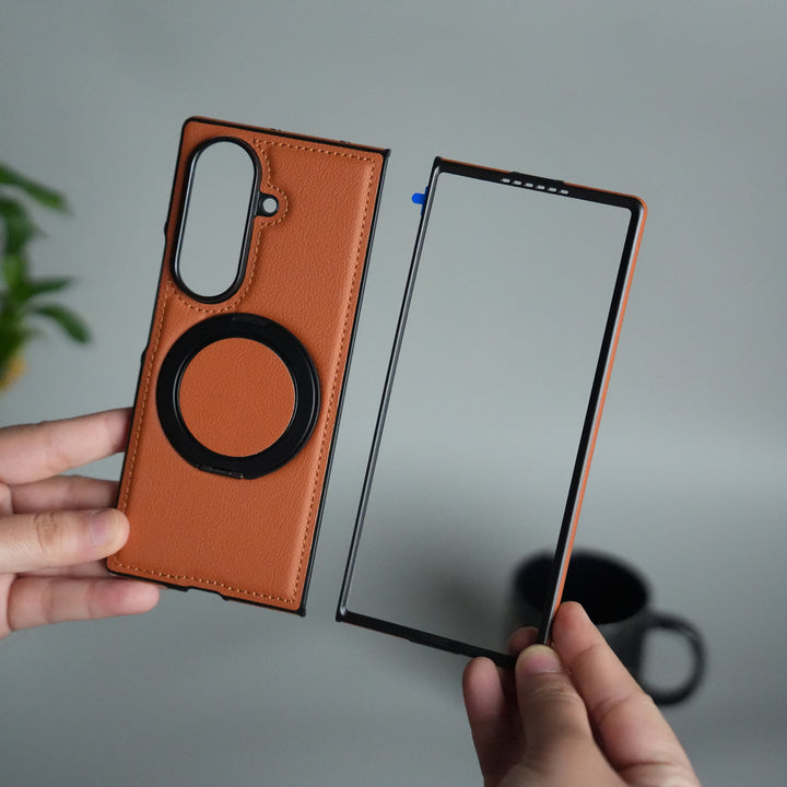 Galaxy Z Fold 7 Premium Leather MagSafe Case | Strong Magnetic Ring | Shockproof Back Cover with Luxe PU Leather Finish