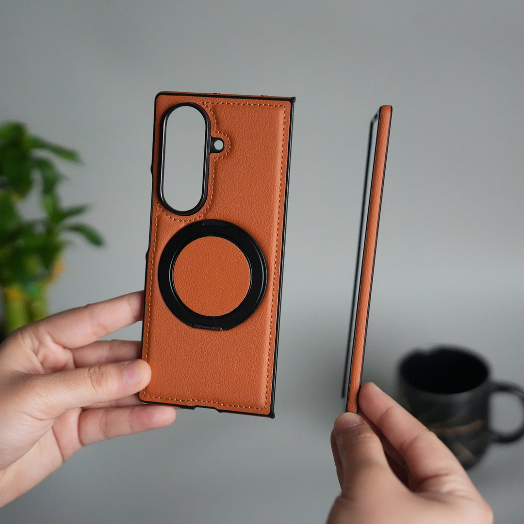 Galaxy Z Fold 7 Premium Leather MagSafe Case | Strong Magnetic Ring | Shockproof Back Cover with Luxe PU Leather Finish