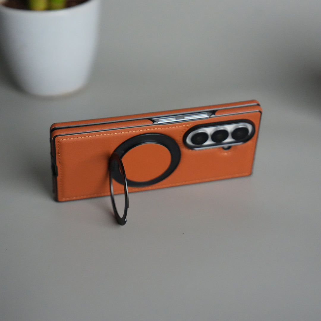 Galaxy Z Fold 7 Premium Leather MagSafe Case | Strong Magnetic Ring | Shockproof Back Cover with Luxe PU Leather Finish