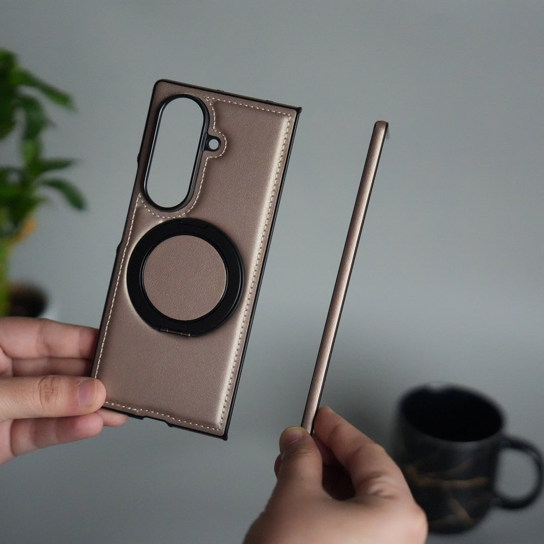 Galaxy Z Fold 7 Premium Leather MagSafe Case | Strong Magnetic Ring | Shockproof Back Cover with Luxe PU Leather Finish