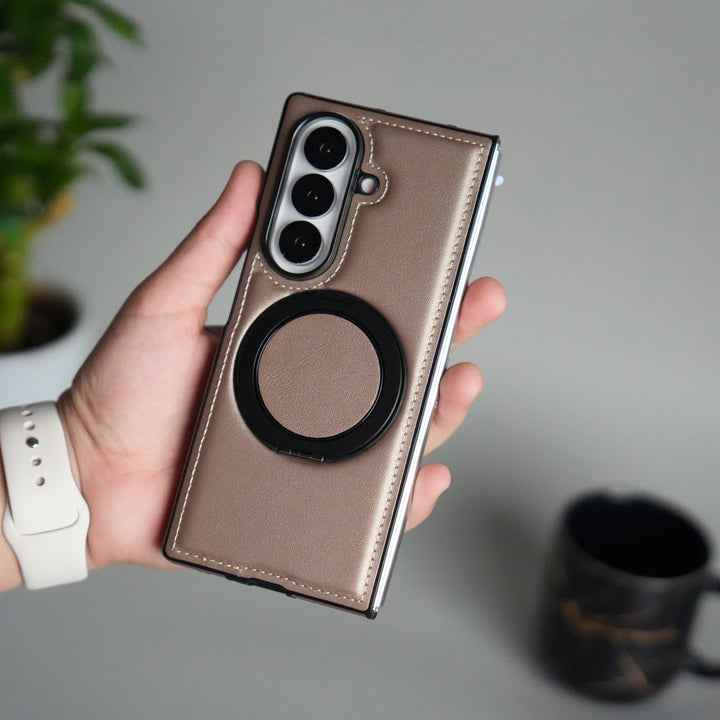 Galaxy Z Fold 7 Premium Leather MagSafe Case | Strong Magnetic Ring | Shockproof Back Cover with Luxe PU Leather Finish