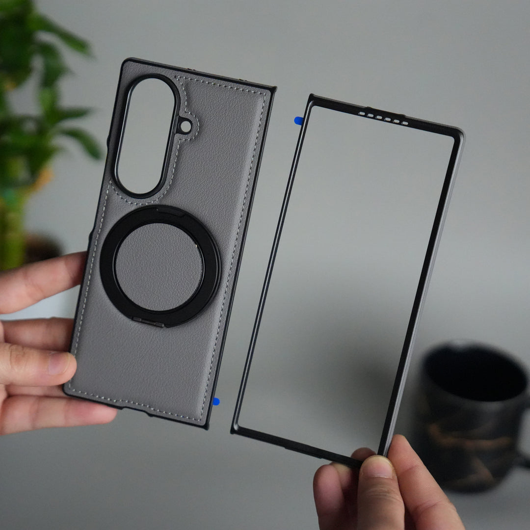 Galaxy Z Fold 7 Premium Leather MagSafe Case | Strong Magnetic Ring | Shockproof Back Cover with Luxe PU Leather Finish