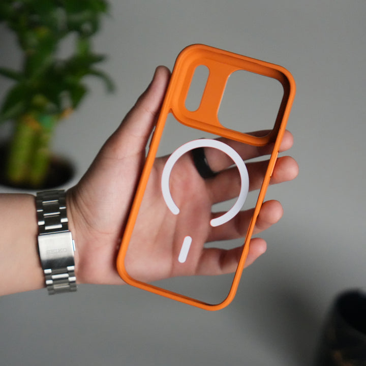 iPhone 17 Pro Clear Magnetic Metal Camera Ring Case | MagSafe Ring | Cosmic Orange