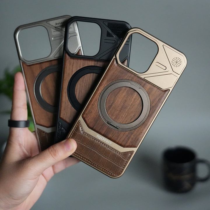 iPhone 16 Series Metallic Wood Leather AeroFLex Aluminium  Case With Rotating Stand