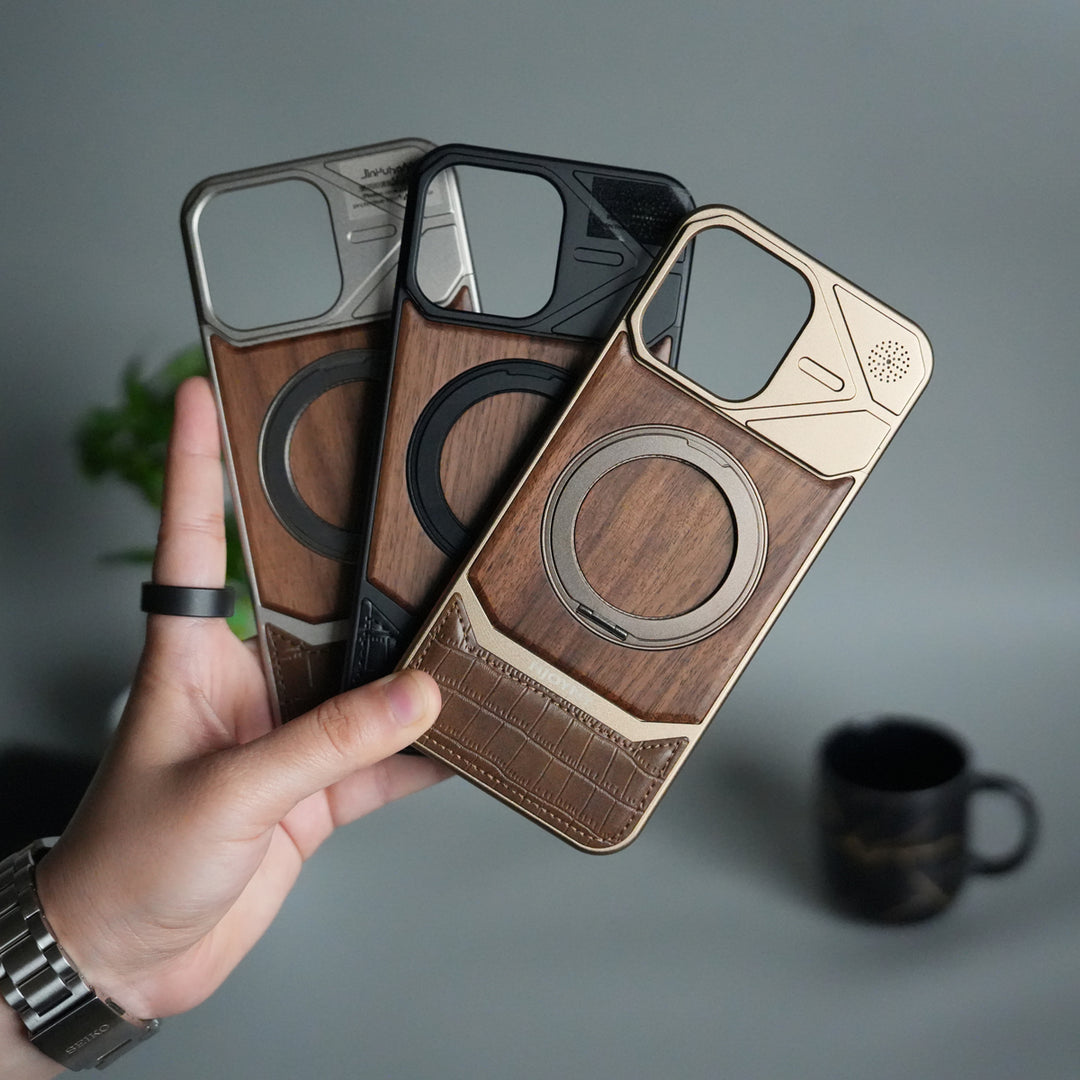 iPhone 16 Series Metallic Wood Leather AeroFLex Aluminium  Case With Rotating Stand