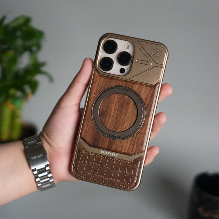 iPhone 16 Series Metallic Wood Leather AeroFLex Aluminium  Case With Rotating Stand