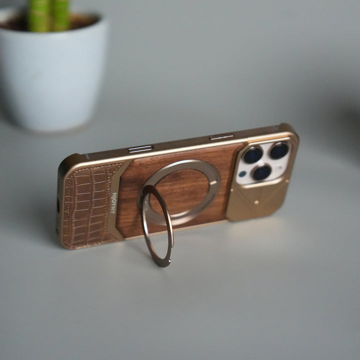 iPhone 16 Series Metallic Wood Leather AeroFLex Aluminium  Case With Rotating Stand