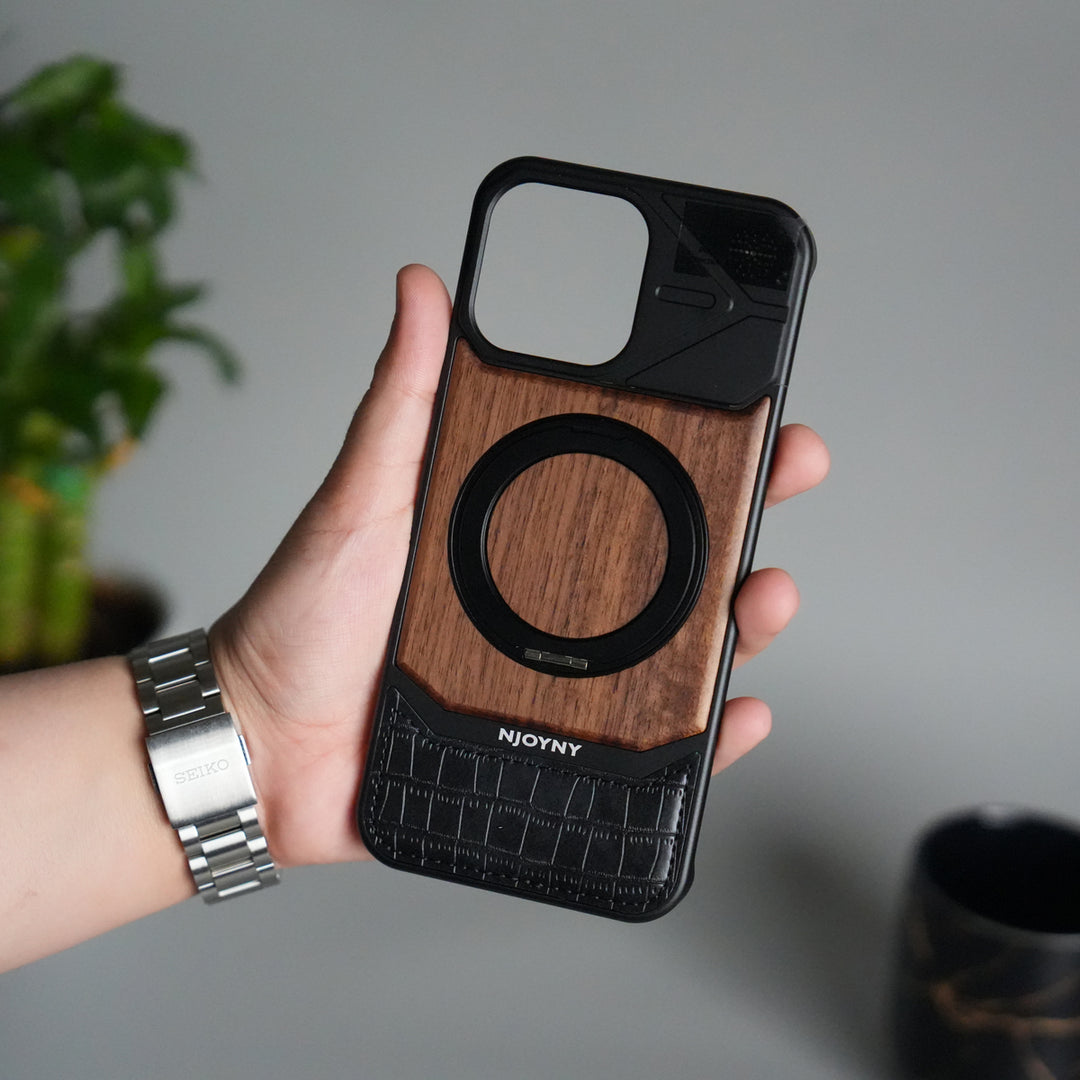 iPhone 16 Series Metallic Wood Leather AeroFLex Aluminium  Case With Rotating Stand