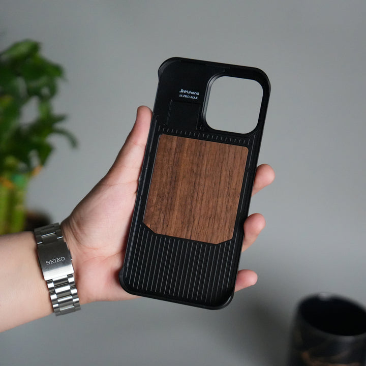 iPhone 16 Series Metallic Wood Leather AeroFLex Aluminium  Case With Rotating Stand