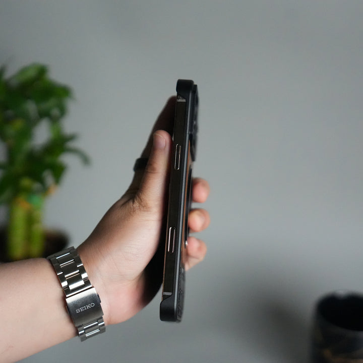 iPhone 16 Series Metallic Wood Leather AeroFLex Aluminium  Case With Rotating Stand