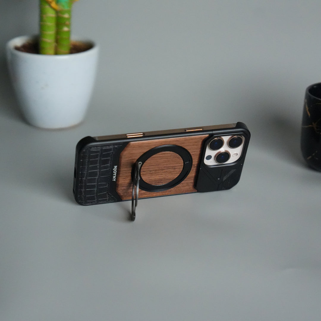 iPhone 16 Series Metallic Wood Leather AeroFLex Aluminium  Case With Rotating Stand