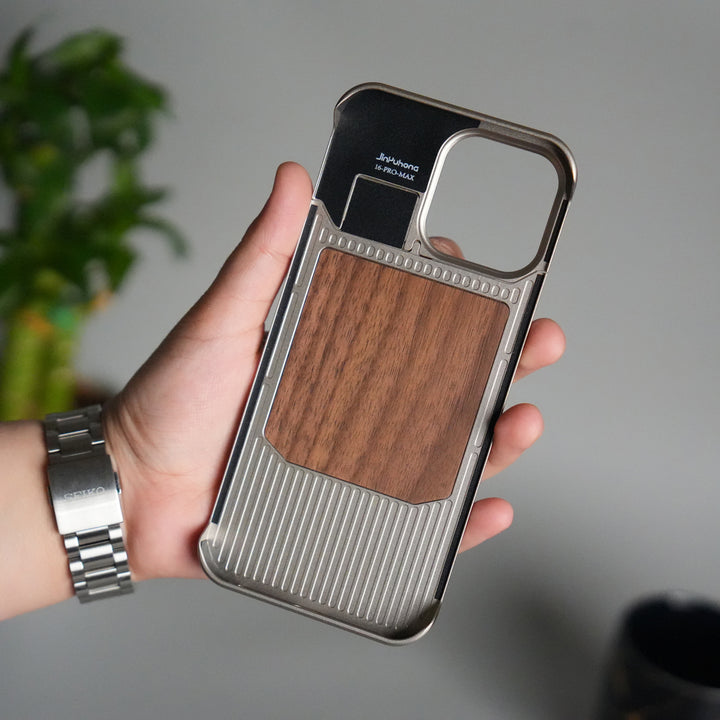 iPhone 16 Series Metallic Wood Leather AeroFLex Aluminium  Case With Rotating Stand