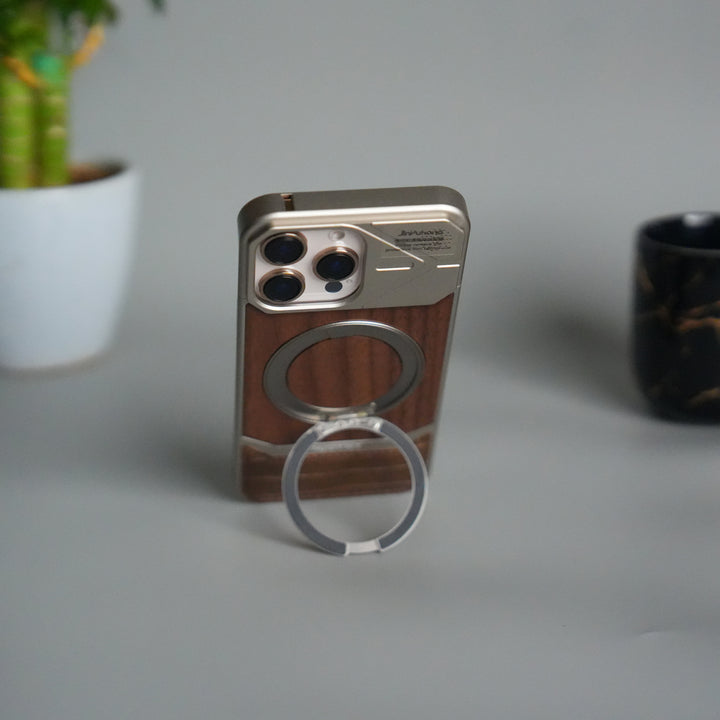 iPhone 16 Series Metallic Wood Leather AeroFLex Aluminium  Case With Rotating Stand