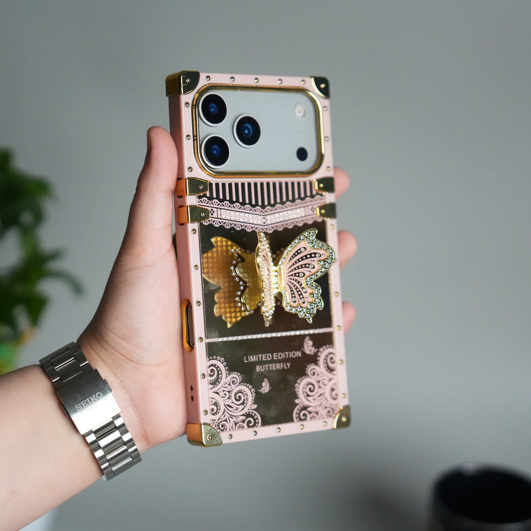 iPhone 17 Series Luxury Butterfly Case | Trunk Frame Shockproof Cover with 3D Butterfly | Premium Limited Edition Design