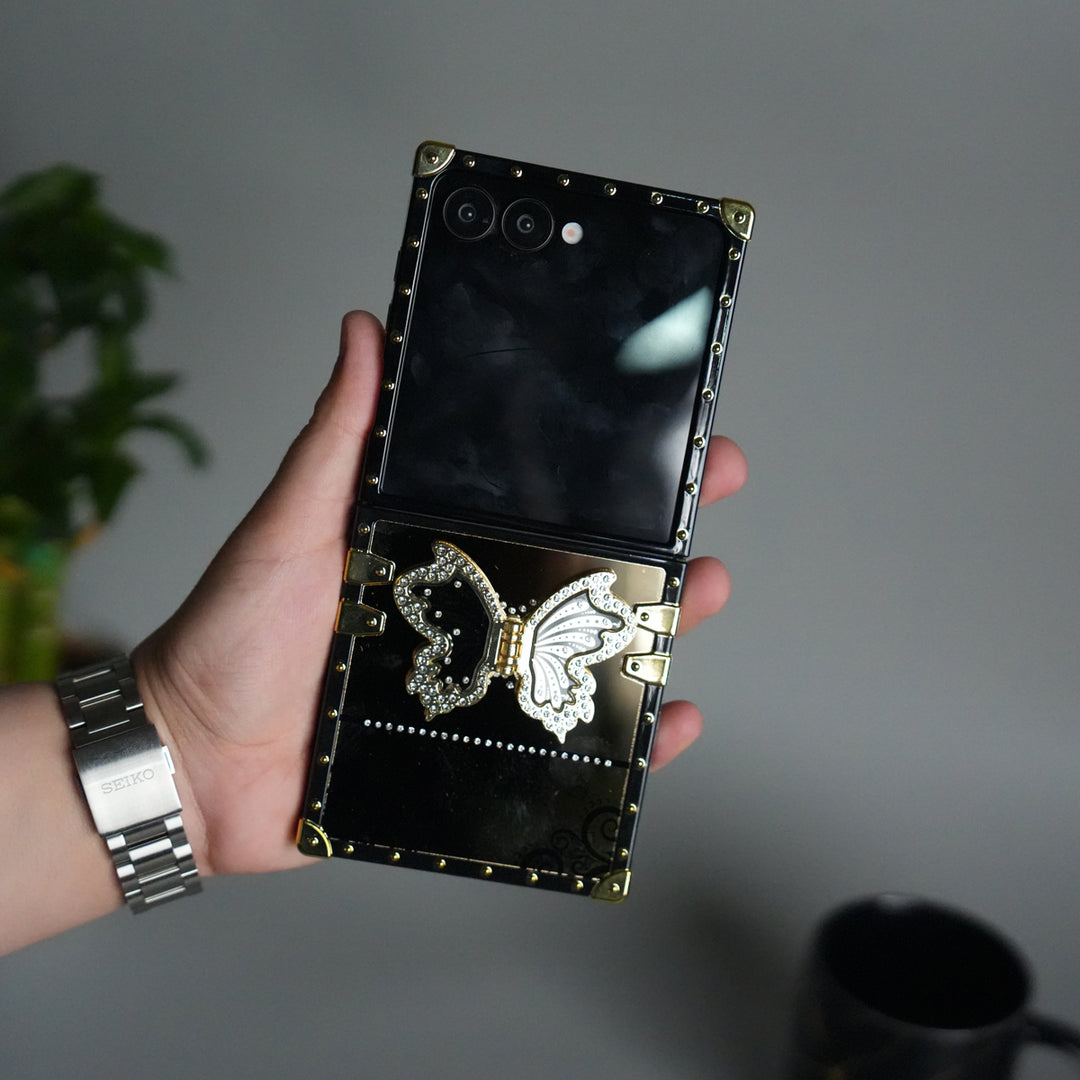 Galaxy Z Flip 7 Luxury Butterfly Case | Trunk Frame Cover with 3D Butterfly | Premium Limited Edition Design