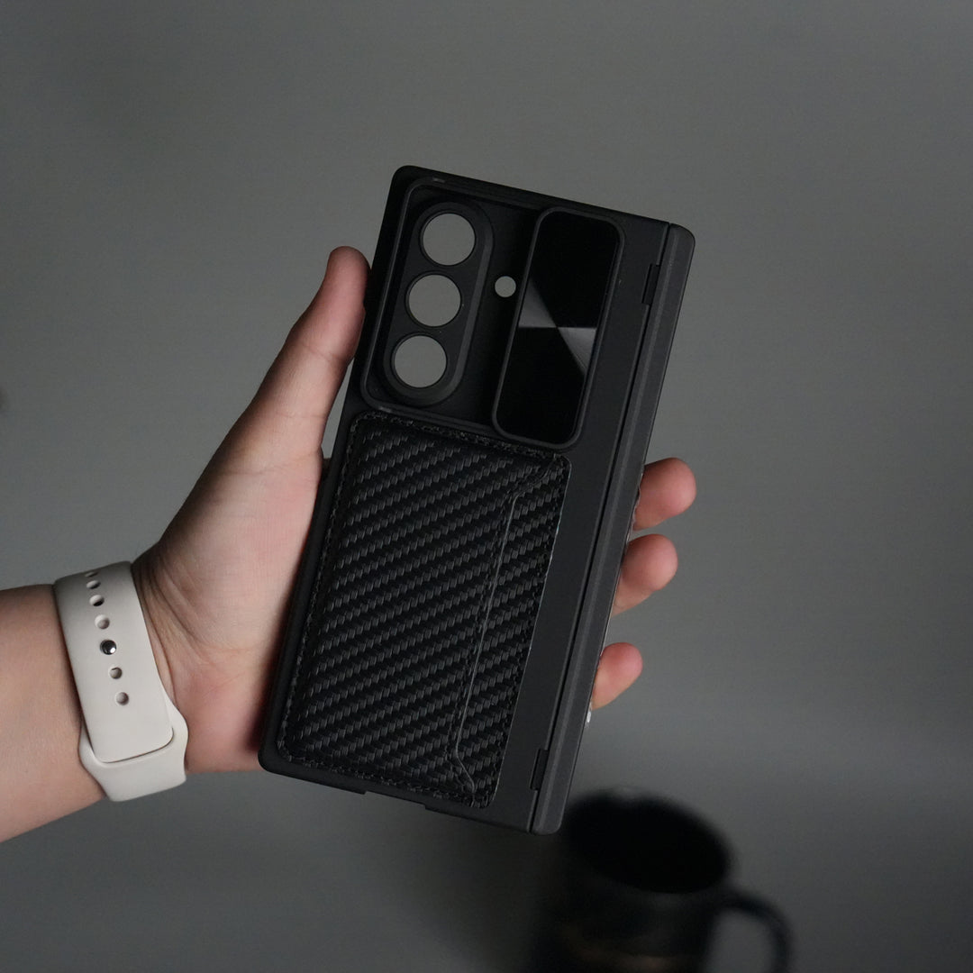 Galaxy Z Fold 7 Camera Shutter Case | Slim Hard Back Cover with Card Holder & Hinge Kickstand | Shockproof Protective Case