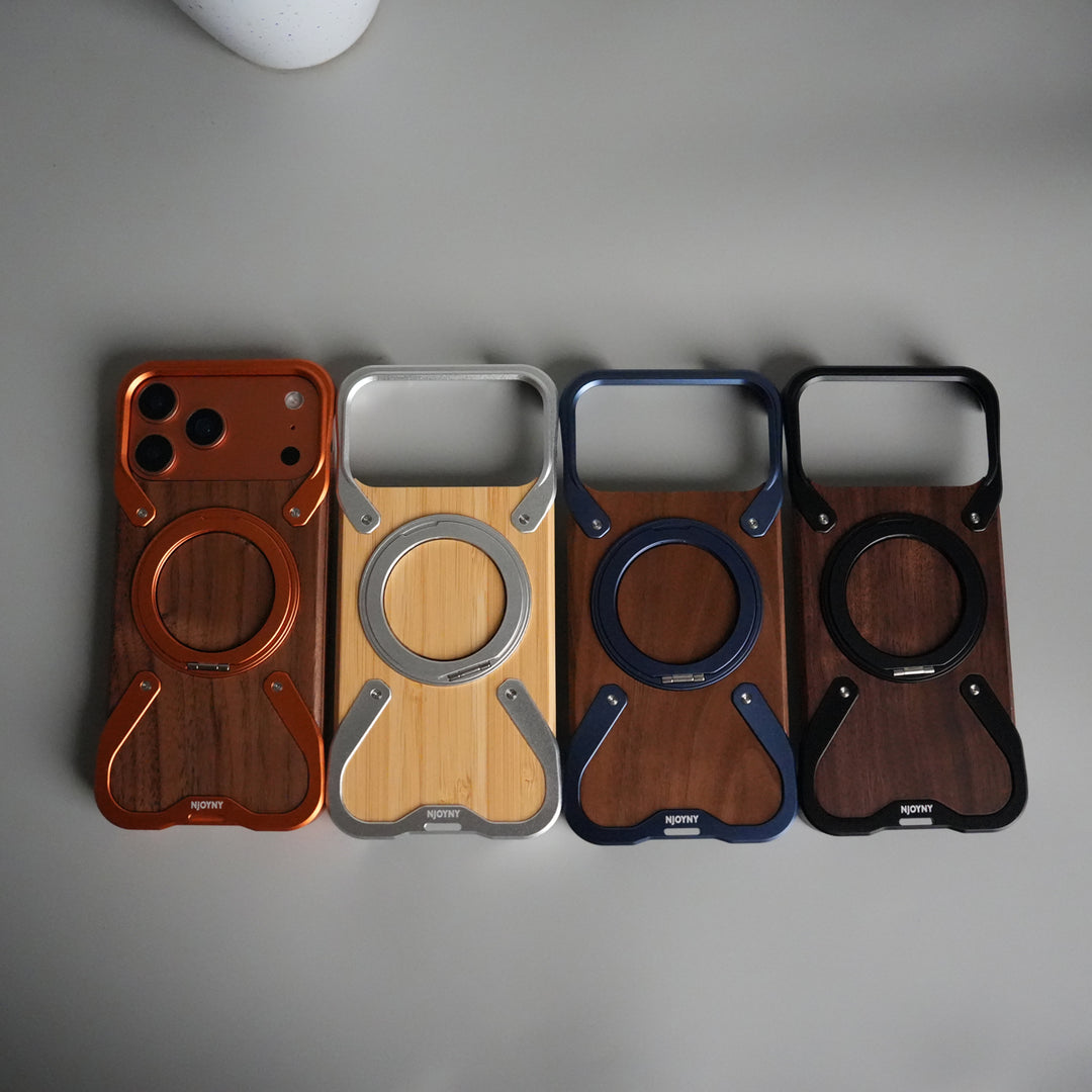 iPhone 17 Series Frameless Wooden Aluminium Case | Premium Metal Rotating Stand | Shockproof Luxury Wood Back Cover