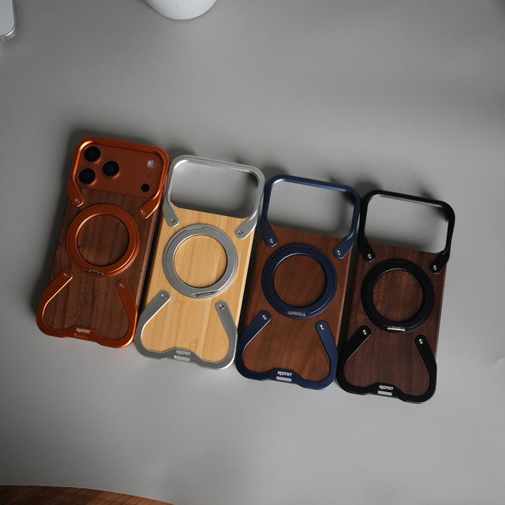 iPhone 17 Series Frameless Wooden Aluminium Case | Premium Metal Rotating Stand | Shockproof Luxury Wood Back Cover