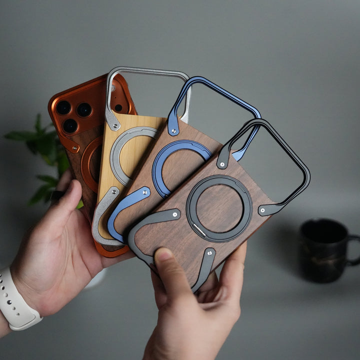 iPhone 17 Series Frameless Wooden Aluminium Case | Premium Metal Rotating Stand | Shockproof Luxury Wood Back Cover