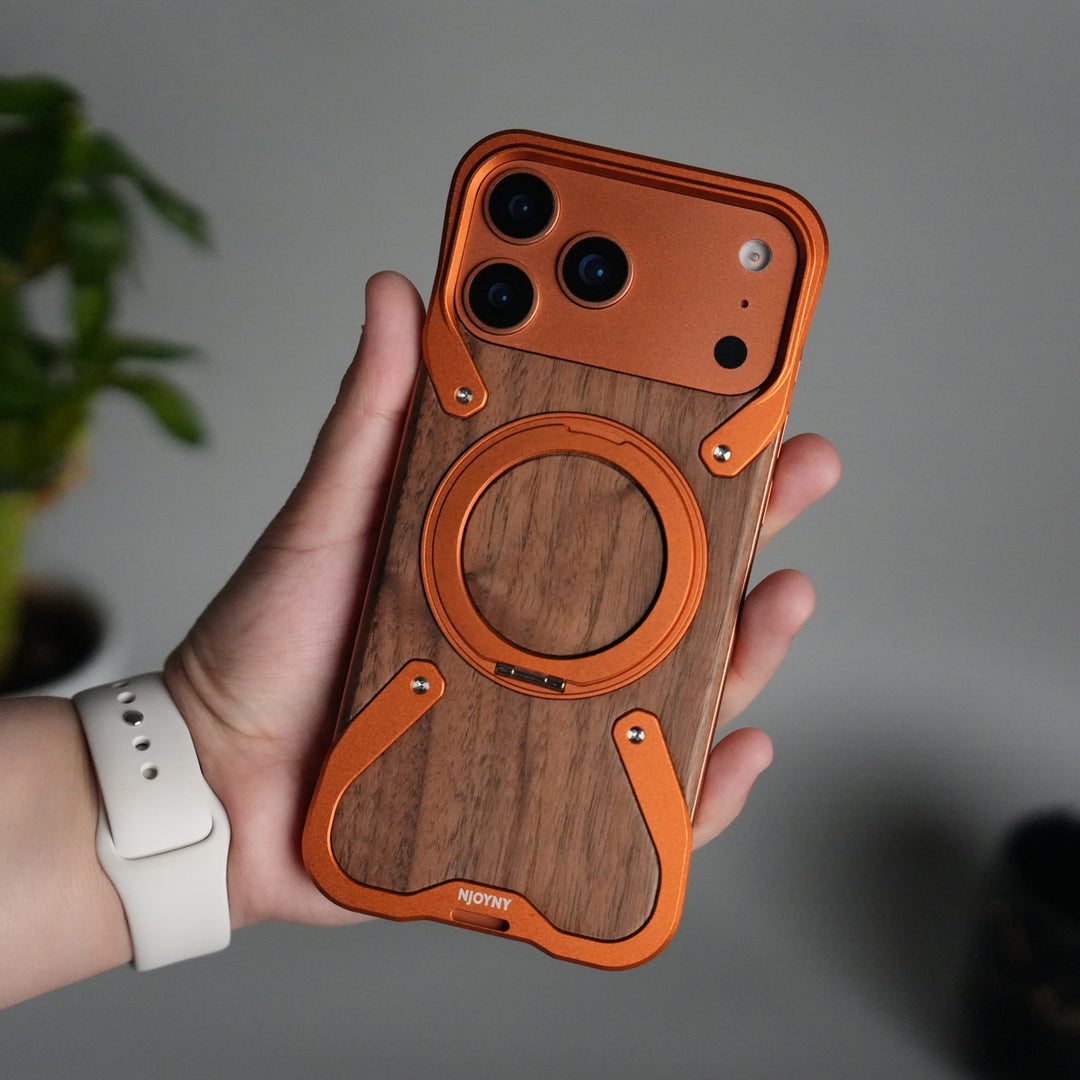 iPhone 17 Series Frameless Wooden Aluminium Case | Premium Metal Rotating Stand | Shockproof Luxury Wood Back Cover