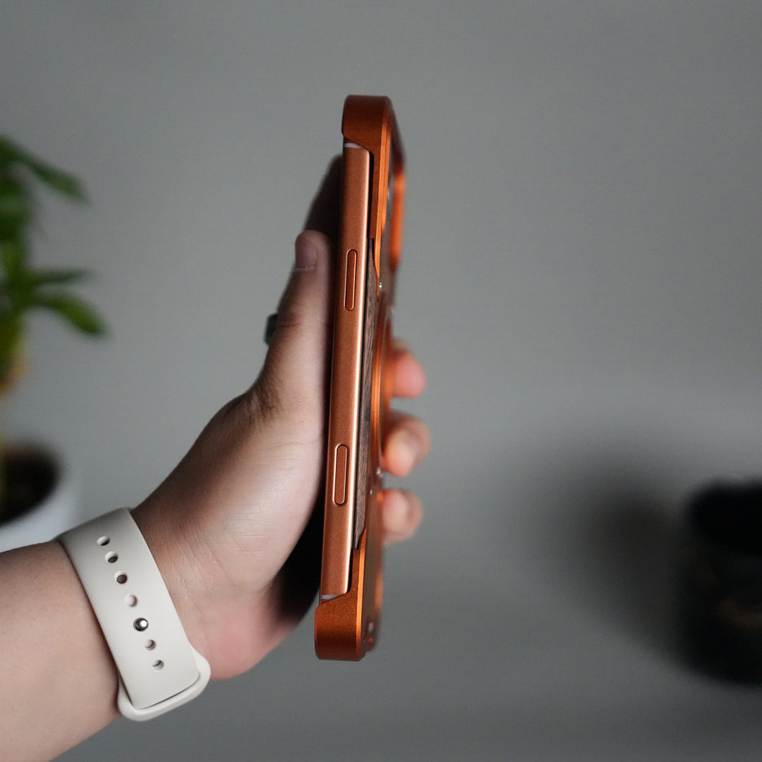 iPhone 17 Series Frameless Wooden Aluminium Case | Premium Metal Rotating Stand | Shockproof Luxury Wood Back Cover