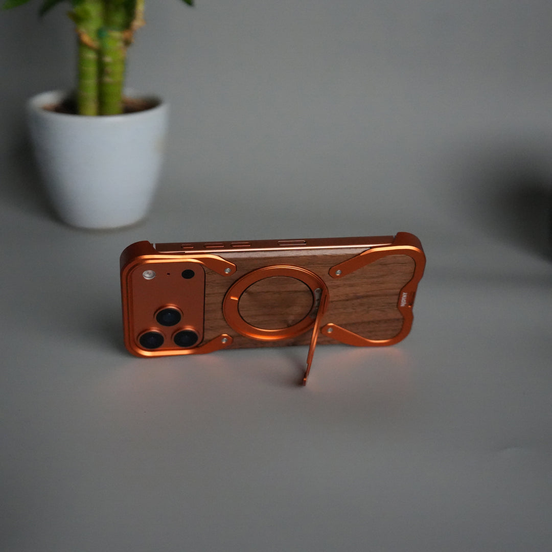iPhone 17 Series Frameless Wooden Aluminium Case | Premium Metal Rotating Stand | Shockproof Luxury Wood Back Cover