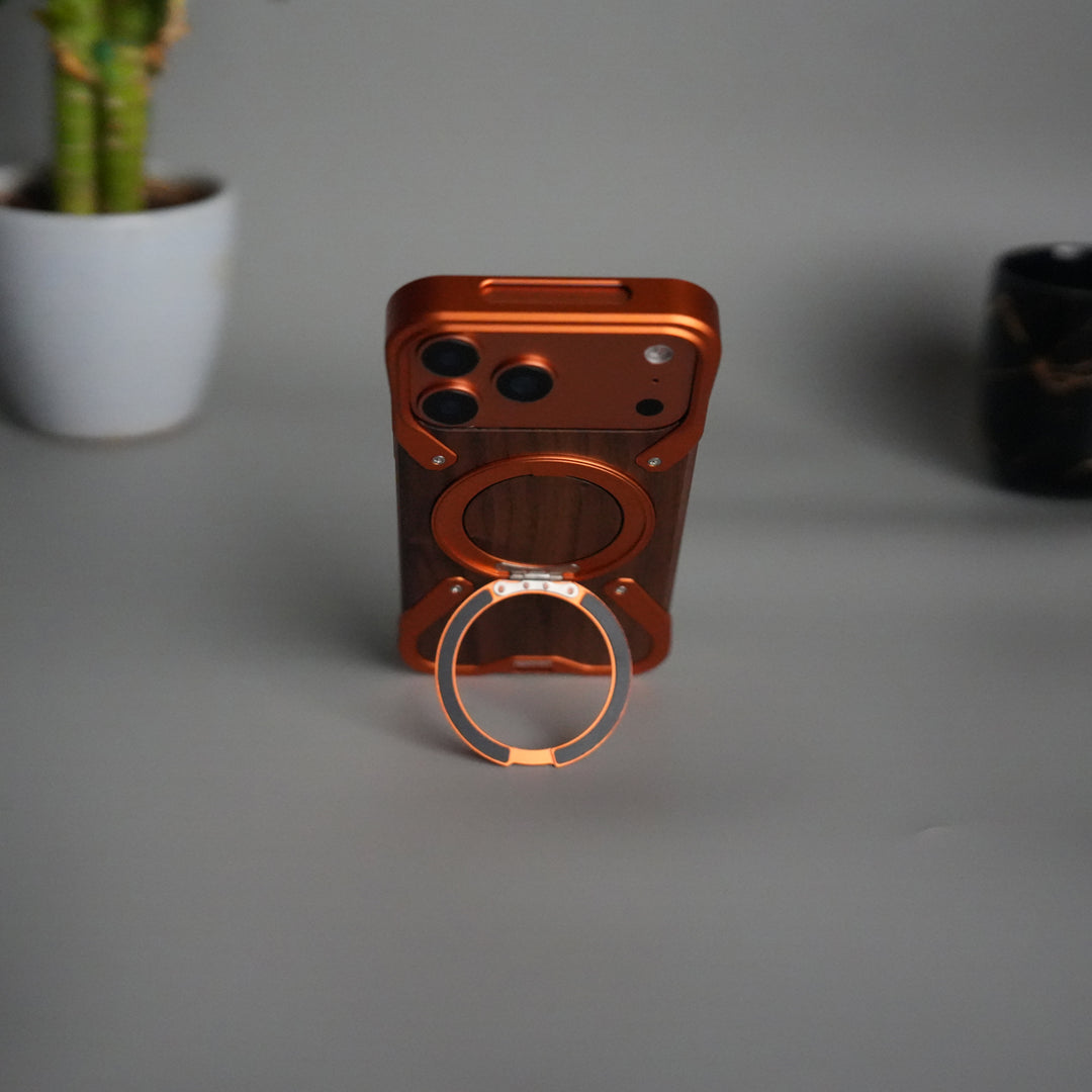 iPhone 17 Series Frameless Wooden Aluminium Case | Premium Metal Rotating Stand | Shockproof Luxury Wood Back Cover