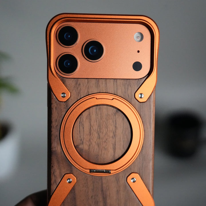 iPhone 17 Series Frameless Wooden Aluminium Case | Premium Metal Rotating Stand | Shockproof Luxury Wood Back Cover