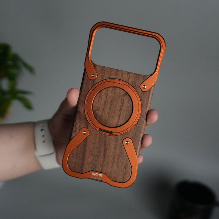 iPhone 17 Series Frameless Wooden Aluminium Case | Premium Metal Rotating Stand | Shockproof Luxury Wood Back Cover